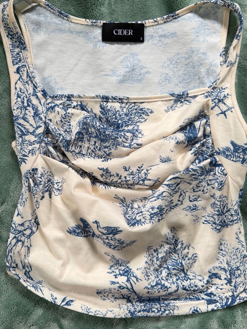 Cider Cream Tank with Blue Toile Print